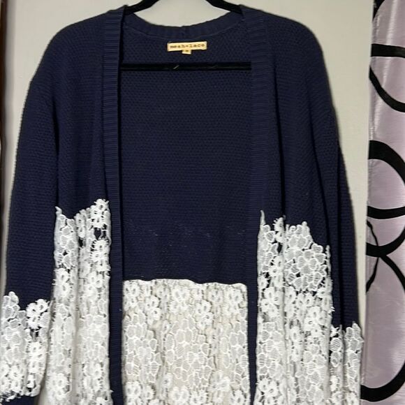 Mesh +Lace striped lace knit cardigan, size medium - Picture 2 of 10